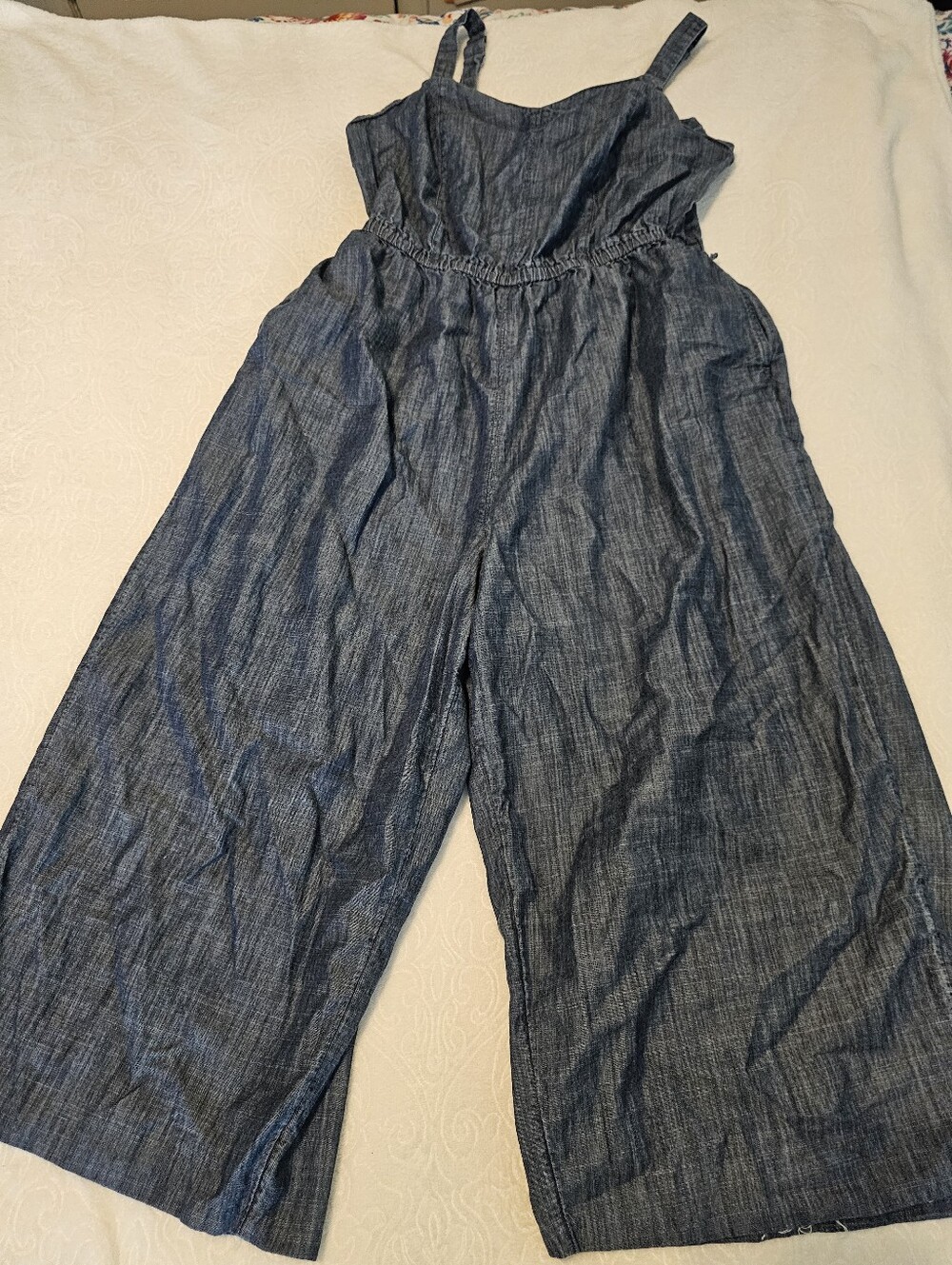 Lane Bryant Denim Wide Leg Jumpsuit 14 Sleeveless Smocked Back Pockets No Belt
